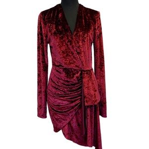 Red crushed velvet long sleeve V-neck ruched wrap mini cocktail dress Sz M